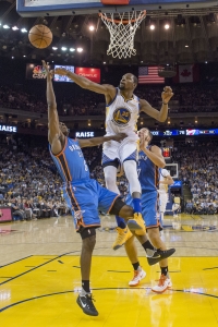 November 3, 2016; Oakland, CA, USA; Golden State Warriors forward Kevin Durant (35) blocks the shot of Oklahoma City Thunder guard Semaj Christon (6) during the fourth quarter at Oracle Arena. The Warriors defeated the Thunder 122-96. Mandatory Credit: Kyle Terada-USA TODAY Sports