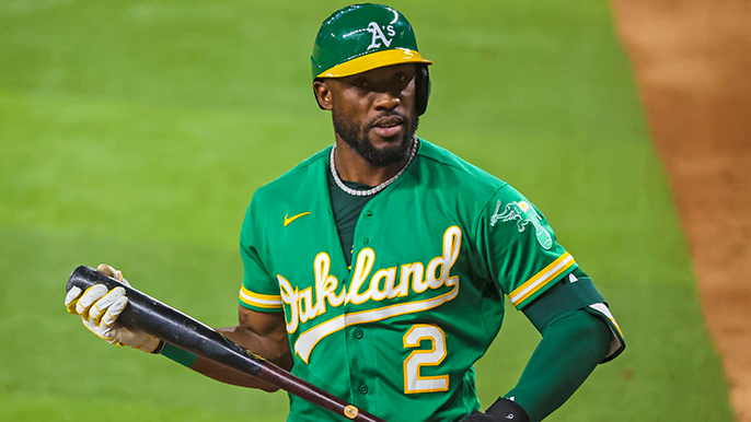 The Oakland Athletics' Starling Marte takes a lead off second base